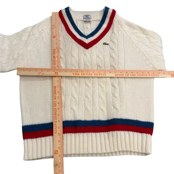 Vintage IZOD Lacoste Cable Knit V-Neck Sweater XL Cream Red Navy Men’s